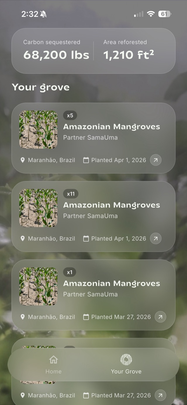 Grove home screen — 638 trees planted