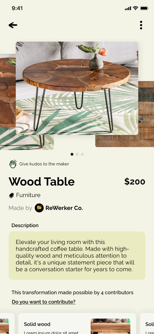 Nowhere Collective product listing for an upcycled wood table