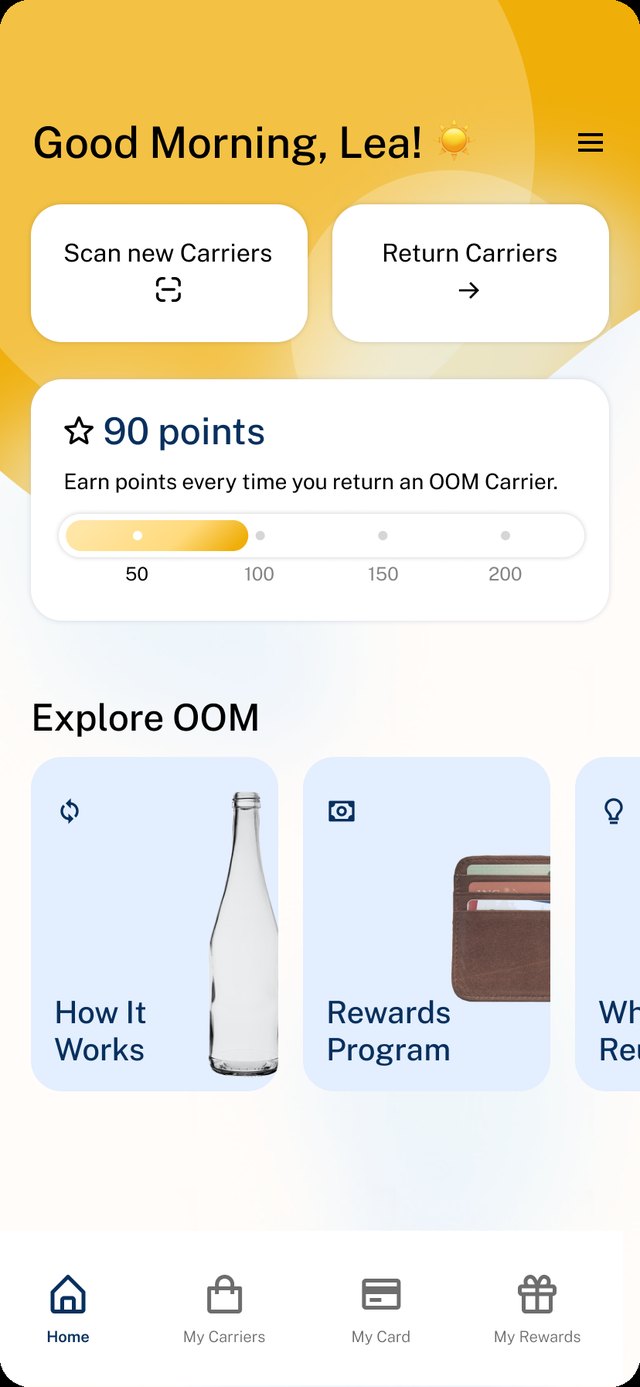 OOM home screen — scan and return reusable carriers, 90 points earned