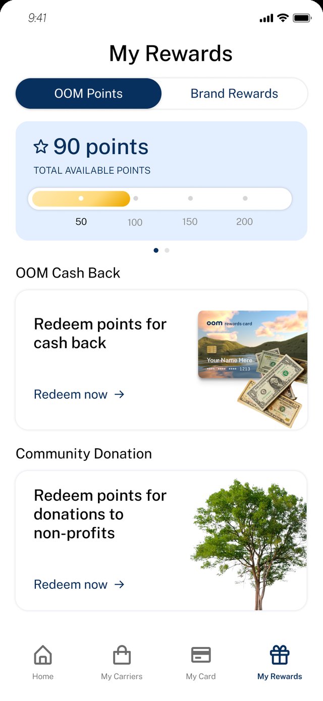 OOM rewards — redeem points for cash back or community donations